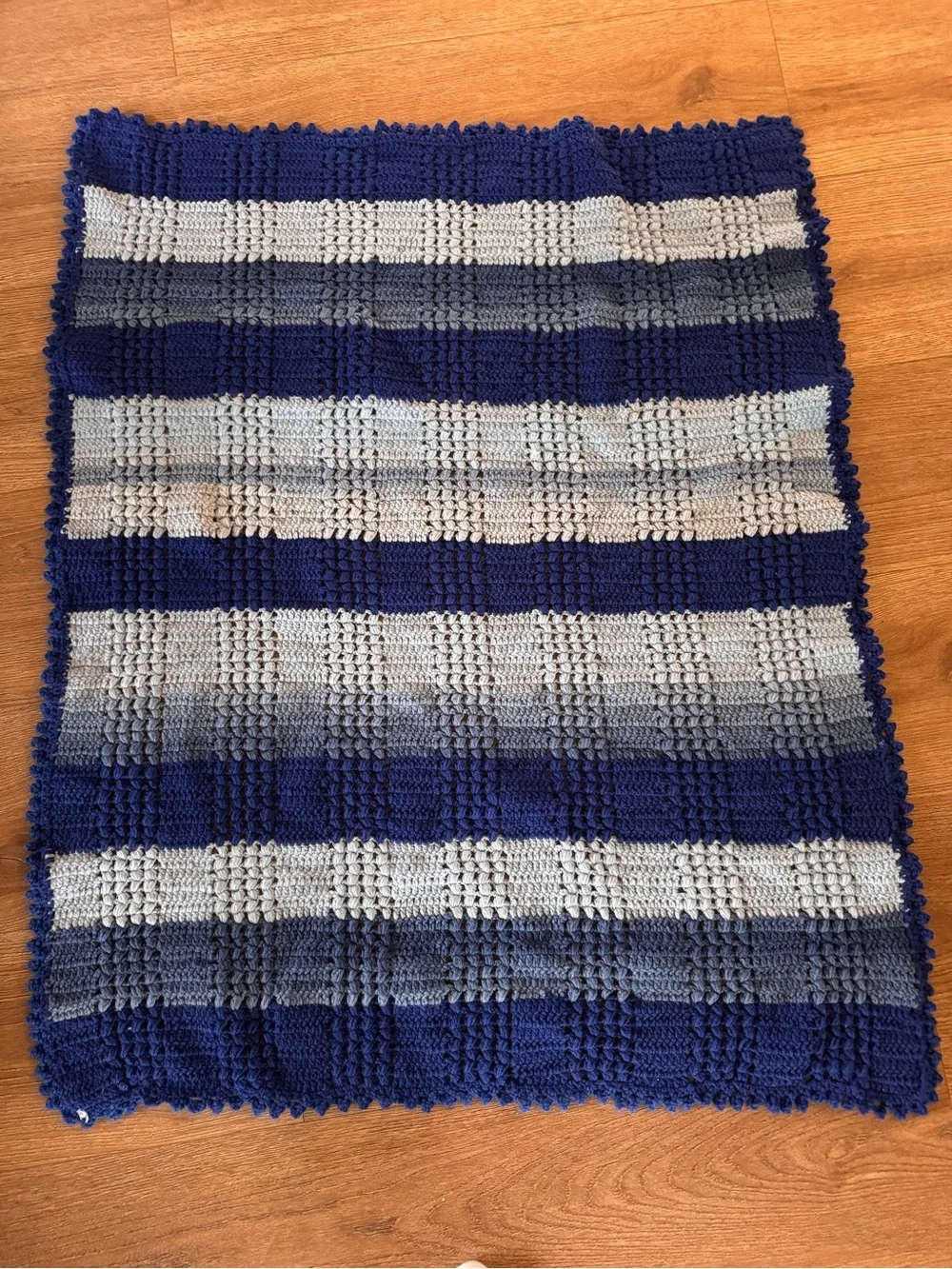 Handmade Navy and Light Gray Striped Crochet Throw Blanket